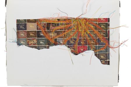 Detail of artwork with wayfinder symbol of family running with the word caution and machine stitching in various colors.