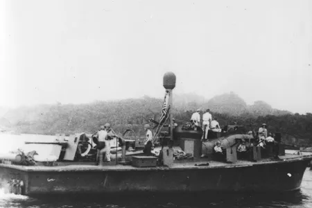 View of the PT-59 boat in the Solomon Islands during World War II.