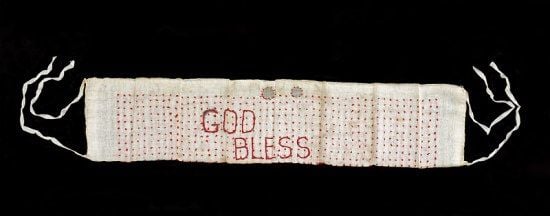 While held at the Poston camp in Arizona, Yasu Takei made this one-thousand-stitch sash to bestow good luck and protection to her son Jim Kuichi Takei, who was fighting with the 442nd in Europe. (NMAH)