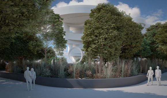 A design drawing shows the standing metal ring of the National Native American Veterans Memorial as it will be seen from the southeast corner of the National Mall, between the Capitol Building and the National Museum of the American Indian. (Design by Harvey Pratt/Butzer Architects and Urbanism, illustration by Skyline Ink, courtesy of the Smithsonian's National Museum of the American Indian)