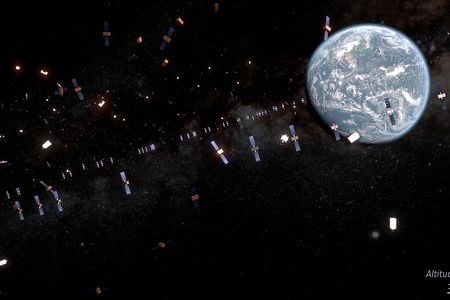 An illustration of debris and satellites in the geostationary ring around Earth.