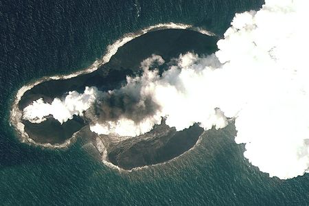 A satellite photo of the 2011-12 eruption that created  Sholan island in the Red Sea. 