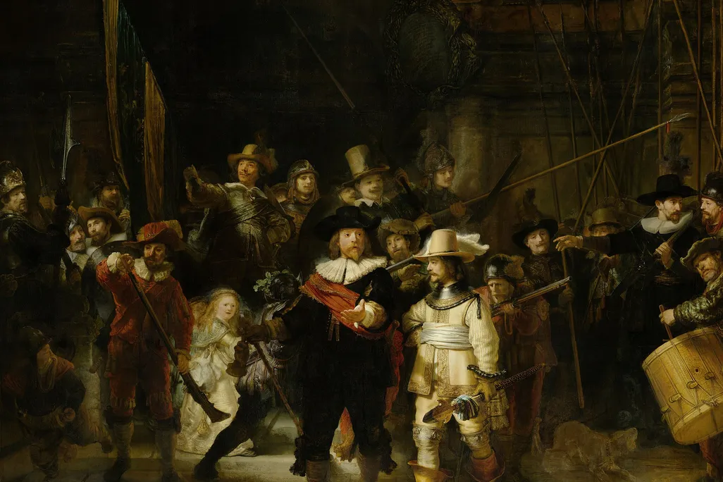 Dark painting of men preparing for civic guard