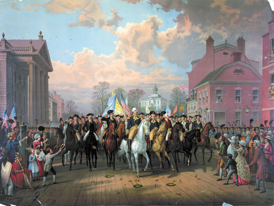A painting of George Washington's triumphant return to New York City following the British Army's evacuation