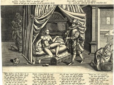 A satirical 16th-century print showing a chastity belt