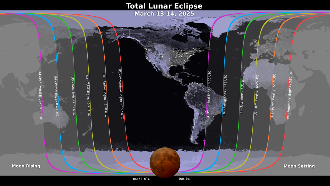 Map showing where the March 13-14, 2025 lunar eclipse is visible.