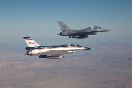 An F-16 and its loyal VISTA wingman, pictured during Have Raider I.