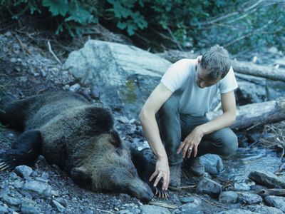 Park Ranger Leonard Landa with the bear that killed Michele Koons.