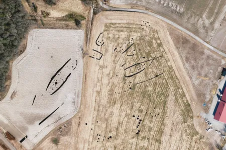 An aerial shot&nbsp;shows of the site where the Viking longhouse was discovered.