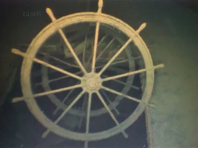 The steering wheel at the site of the newly identified shipwreck