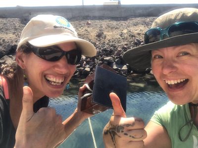 From Refuge Cove in Alaska to San Francisco Bay to Baja California and at the Pacific entrance to the Panama Canal, a team from the Smithsonian Tropical Research Institute and Temple University deployed panels to find out what limits marine invertebrate invasions. Here, Laura Jurgens and Carmen Schloeder, celebrate a successful deployment in Mexico (Laura Jurgens)
