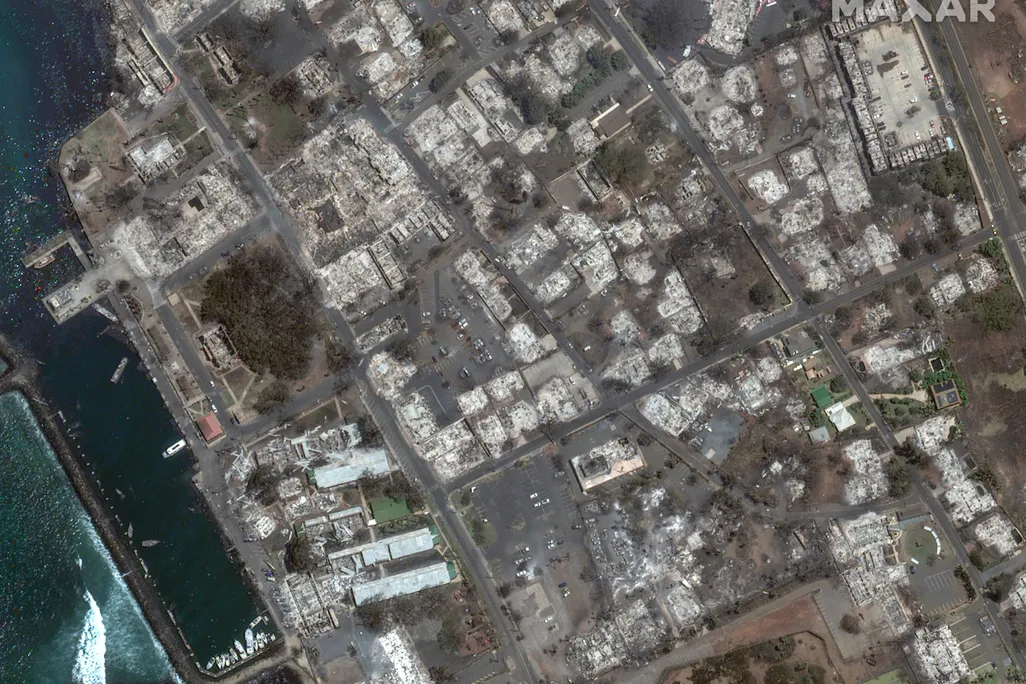 Satellite imagery showing the burned remains of buildings in the town of Lahaina
