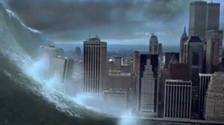 A powerful wave destroys New York City in the disaster film Deep Impact (1998)