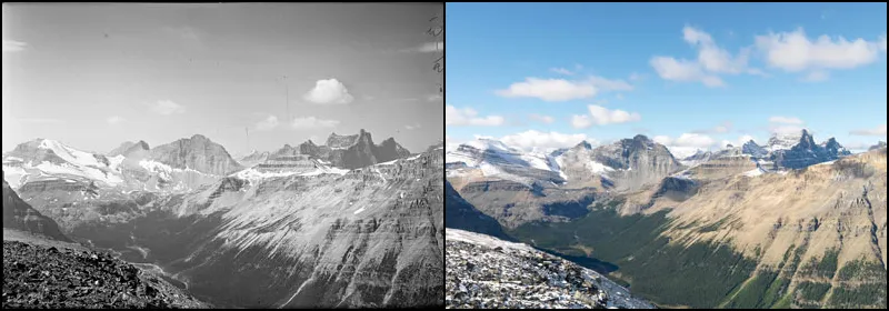 Mountains in the Siffleur Wilderness Area, Alberta, show changes in snow and tree line between 1927 and 2009. 