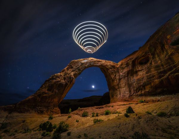 Light Cone Spacetime Sculpture over the Cornona Arch in Moab, Utah thumbnail