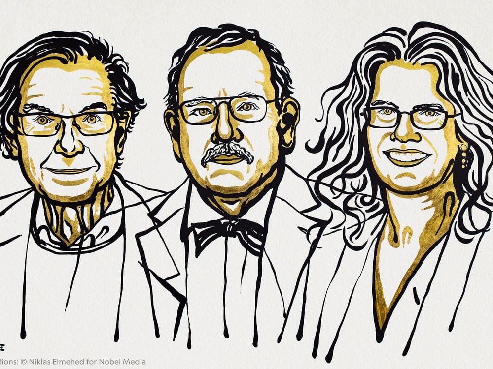 A black and yellow line drawing of the three Nobel laureates in physics. Roger Penrose is on the left, Reinhard Genzel is in the middle, and Andrea Ghez is on the right.