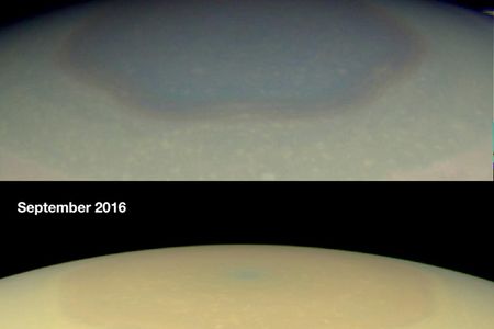 Two natural color images from NASA's Cassini spacecraft show the changing appearance of Saturn's north polar region between 2012 and 2016.