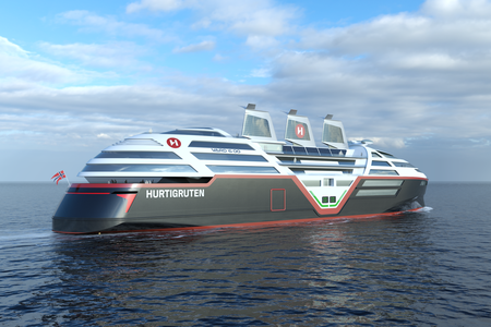 The ship has three retractable sails covered in solar panels.