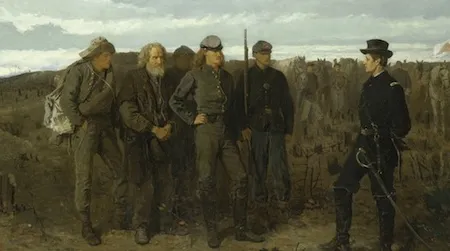 Confederate soldiers stand defiant before a Union general, even after the war is over. Winslow Homer, Prisoners from the Front, 1866.