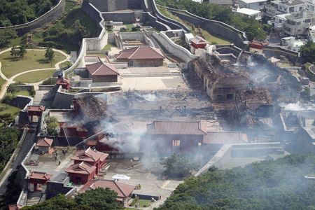 This aerial picture shows Shuri Castle after a fire ripped through the historic site in Naha, Japan's southern Okinawa prefecture, on October 31