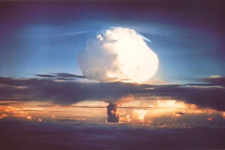 In a test called "Ivy Mike," the world's first hydrogen bomb explodes on Enewetak Atoll, November 1, 1952.