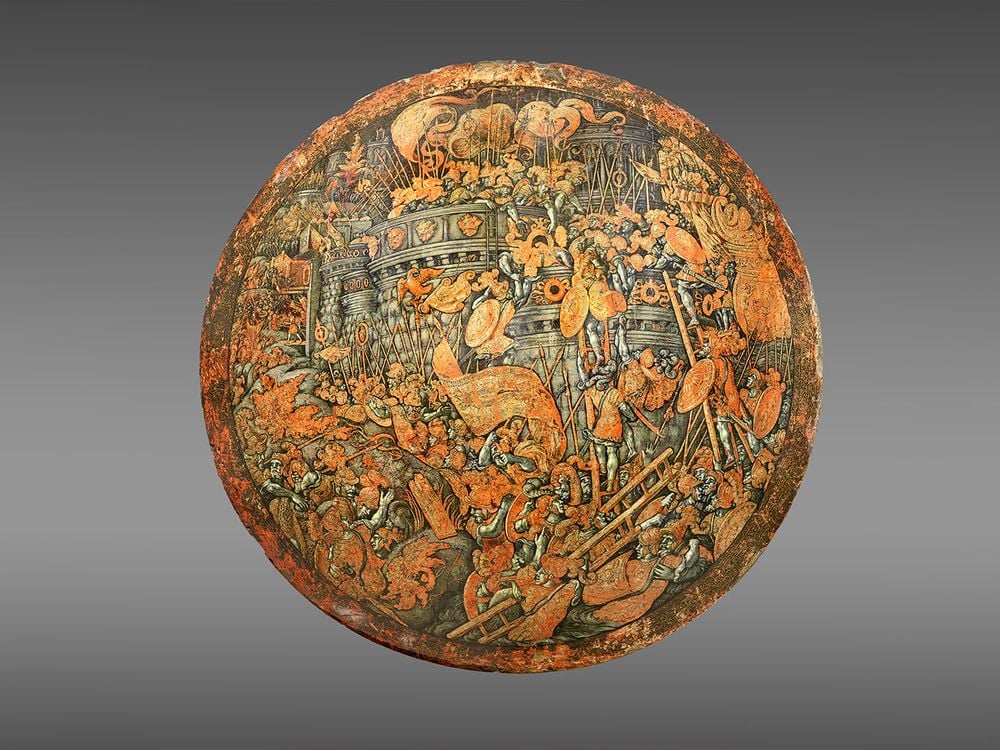 "Shield showing the Storming of New Carthage (verso)," made in Italy c. 1535, attributed to Girolamo di Tommaso da Treviso (Italian, born c. 1497, died 1544), after a design by Giulio Romano (1492/99–1546)