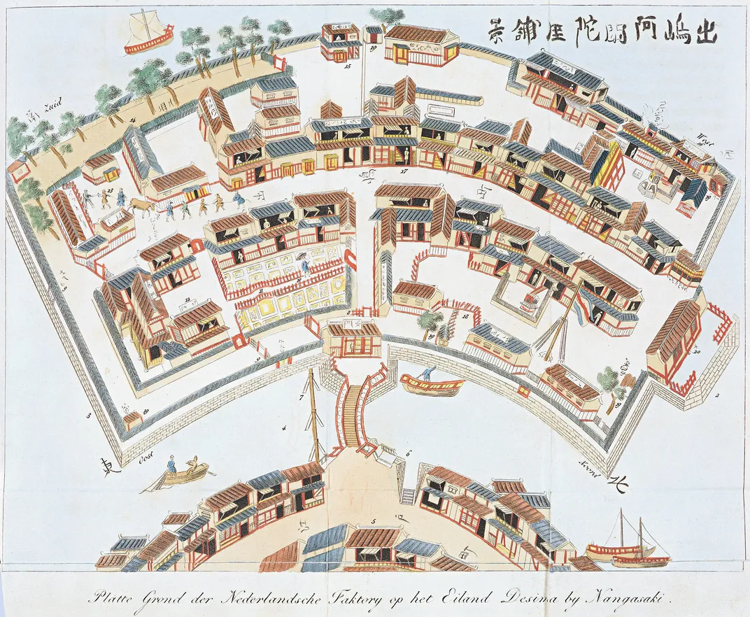 A map of the Dutch trading post on Dejima; painted between 1824 and 1825