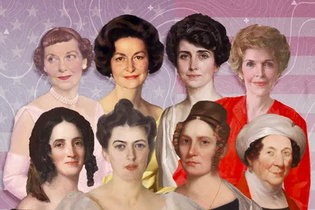 A new exhibition "Every Eye Is Upon Me: First Ladies of the United States" is on view at the National Portrait Gallery; clockwise from top left: Mamie Eisenhower, Lady Bird Johnson, Grace Coolidge, Nancy Reagan, Dolley Madison, Abigail Fillmore, Frances Cleveland and Sarah Polk. 