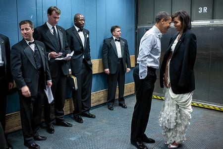 The President with the First Lady in a freight elevator heading to an inaugural ball in 2009.