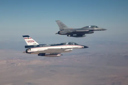 An F-16 and its loyal VISTA wingman, pictured during Have Raider I.
