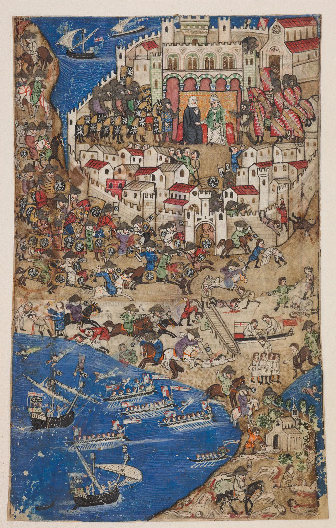 An illustration of the fall of Tripoli in 1289, showing Lucia, Countess of Tripoli, sitting in the center of the fortified city