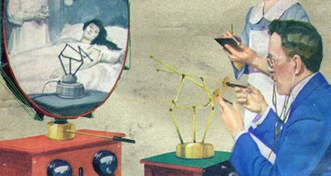 A doctor's diagnosis "by radio" on the cover of the February, 1925 issue of Science and Invention magazine