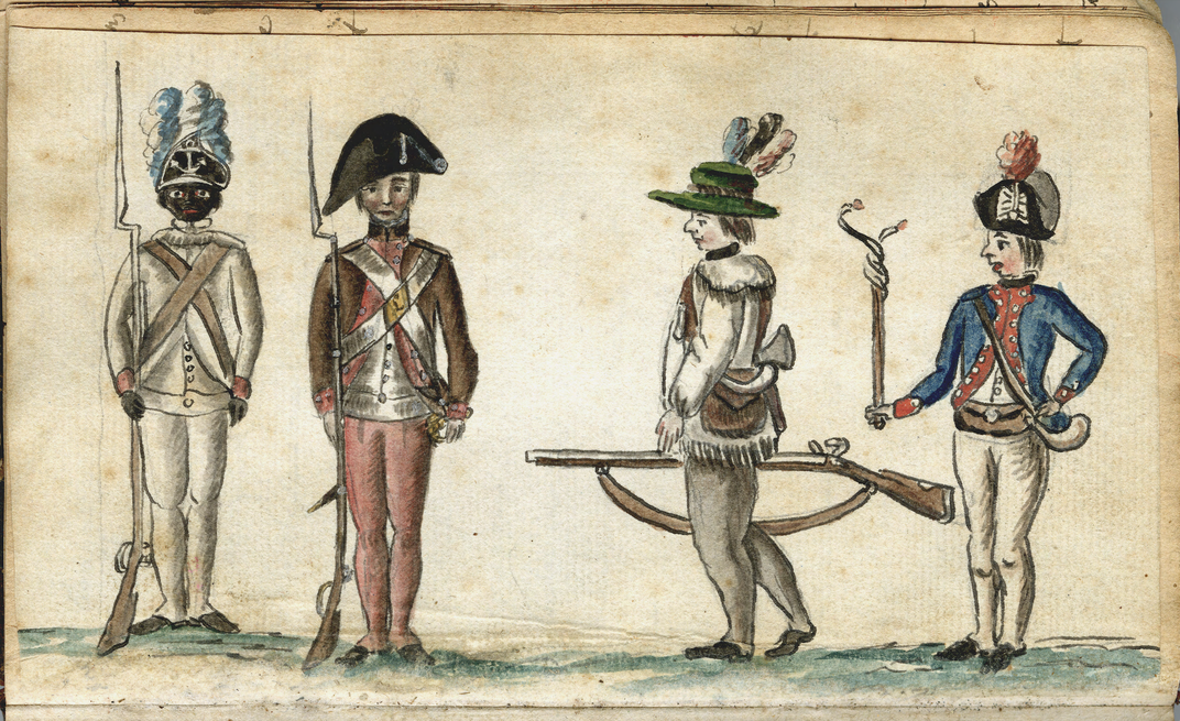 Watercolor drawing of Continental Army soldiers by Jean Baptiste Antoine de Verger