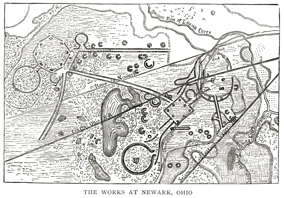 Woodcut map of Newark Earthworks in Ohio