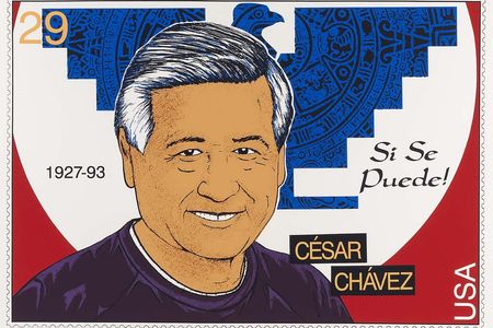 Portrait of Cesar Chavez in the style of a U.S. postage stamp