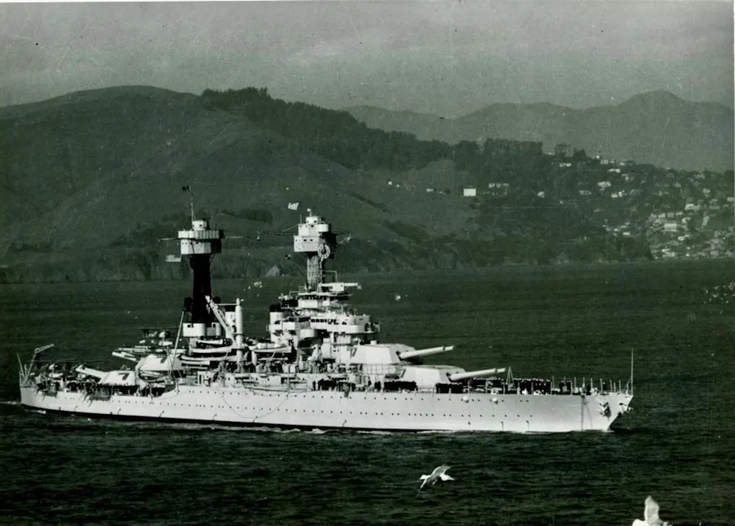 Black and white photo of warship