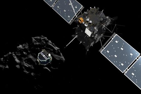 An artist's interpretation of the Philae lander separating from Rosetta and landing on the comet. 