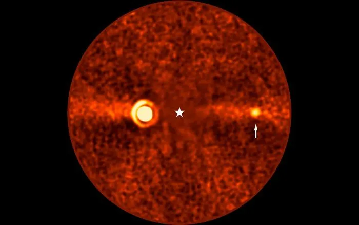a circle filled with orange, red and black static denoting a debris disk; a star shape at the center, and two exoplanets, one fainter than the other