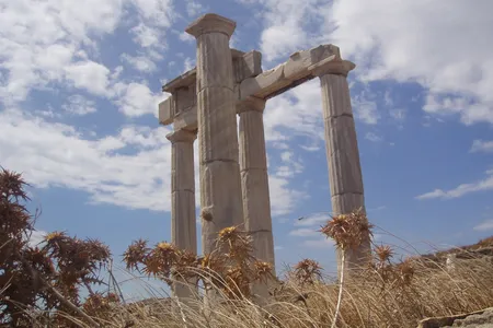 Delos is a small, rocky island just west of Mykonos in Greece.