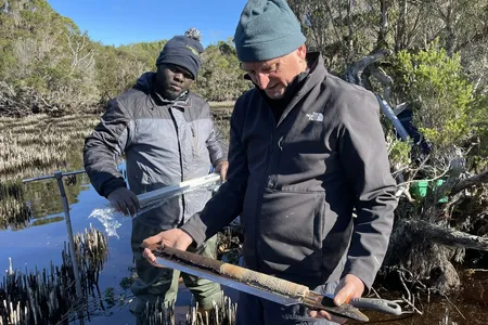 The researchers of the paper, Matthew Adeleye, University of Cambridge, and David Bowman, University of Tasmania, study a sediment core.