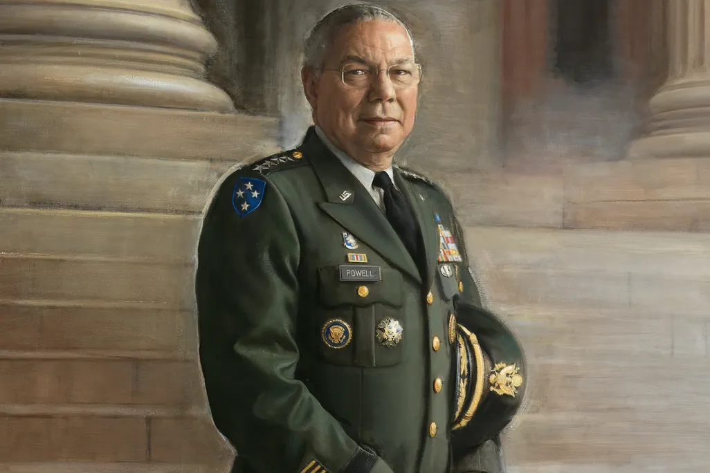 A close up of a painted portrait of Powell, a Black man with gray hair, glasses in green military garb