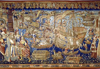 Portuguese King Manuel I (who ruled from 1495-1521), commissioned this Belgian tapestry to commemorate explorer Vasco da Gama's "discovery" of India in 1498. Da Gama is the figure at the left, kneeling before an Indian sultan. In the center, Portuguese sailors load exotic animalsincluding, strangely, a unicorninto their ships, for transport to the Portuguese royal zoo.