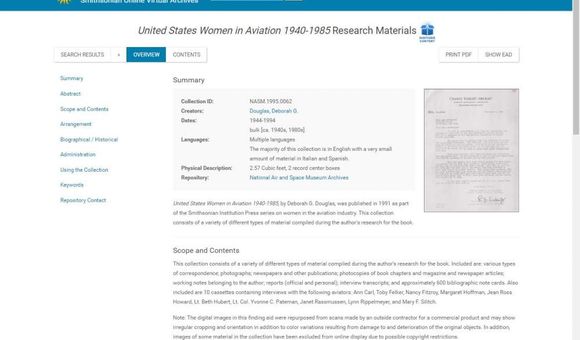 Screen capture of Smithsonian Online Virtual Archives (SOVA) Overview page for the United States Women in Aviation 1940-1985 Research Materials collection in the National Air and Space Museum Archives.