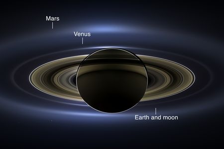 The solar system beckons: Cassini spacecraft view of Saturn, looking back toward the inner planets