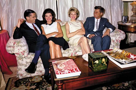 "It's possible my natural level is in the Senate," John F. Kennedy said—but then he won the 1960 election. As president, he and his wife hosted Ben and Tony Bradlee (left and third from left) at the White House.