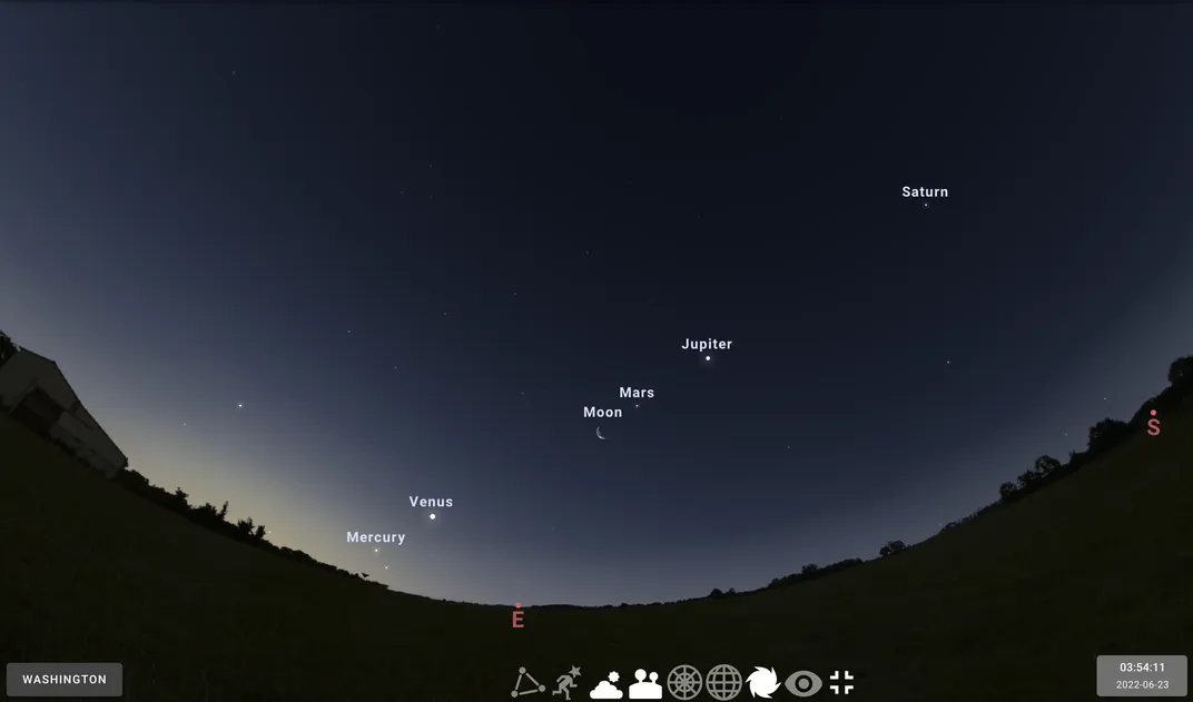 Скриншот веб-визуализатора, показывающий кривую Земли и последовательно слева направо Меркурий, Венеру, Марс, Юпитер и Сатурн.