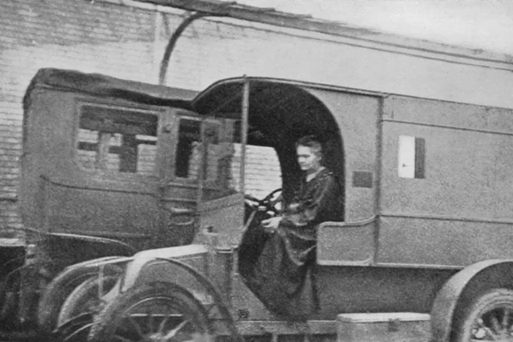 Marie Curie in one of her mobile X-ray units in October 1917