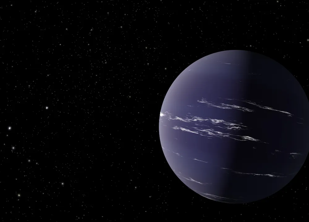 Artist’s rendering of TOI-1231 b, a Neptune-like planet about 90 light-years away from Earth. The planet is colored a purple-blue hue with thin, wispy clouds in its atmosphere.