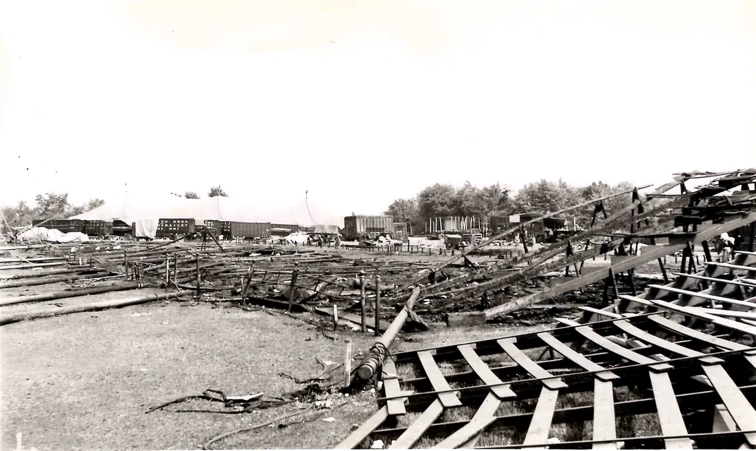 Charred bleachers in the aftermath of the Hartford circus fire