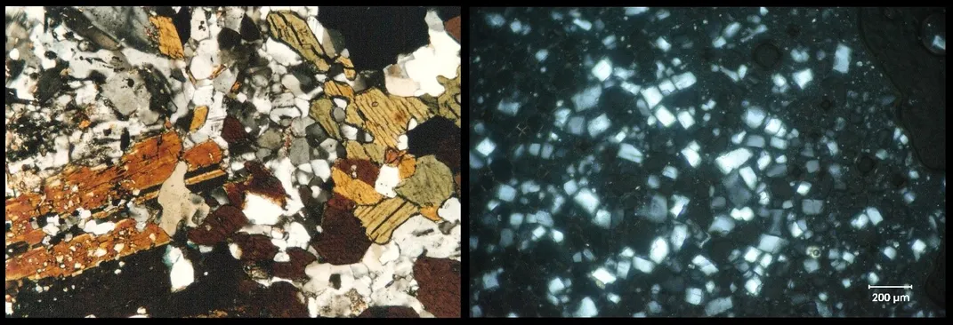 Composite comparing rock and ice crystals under a microscope